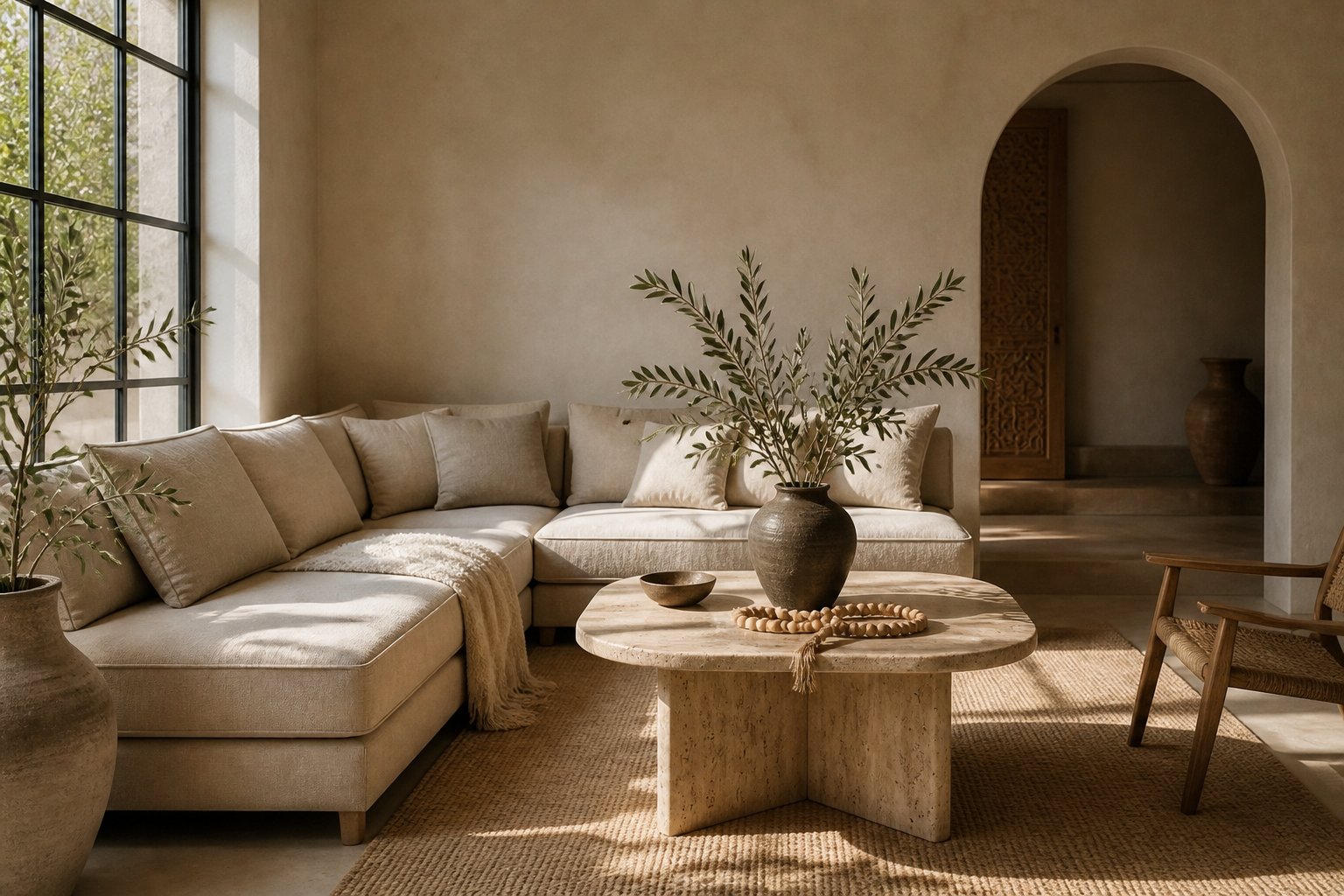 Salon contemporain Askour Home, lin et travertin